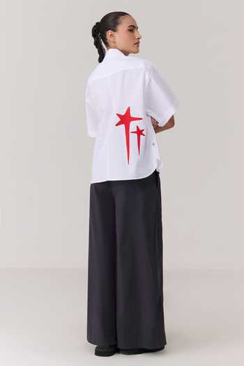 Chillosophy_White Denim, Poplin Collared Neck Kuro Red Star Embroidered Back Shirt _Online_at_Aza_Fashions