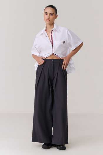 Shop_Chillosophy_White Denim, Poplin Collared Neck Kuro Red Star Embroidered Back Shirt _Online_at_Aza_Fashions