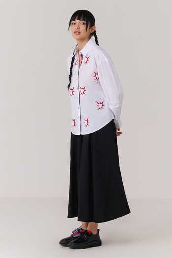 Chillosophy_White Denim, Poplin Collared Neck Rika Red Starburst Embroidered Shirt _Online_at_Aza_Fashions