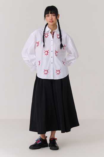 Shop_Chillosophy_White Denim, Poplin Collared Neck Rika Red Starburst Embroidered Shirt _Online_at_Aza_Fashions