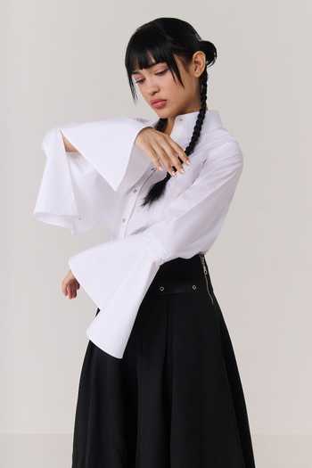 Shop_Chillosophy_White Poplin Collared Neck Ushi Cross Stitch Tonal Embroidered Shirt _Online_at_Aza_Fashions