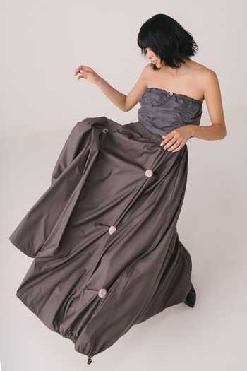 Chillosophy Grey Satin, Viscose Bandeau Neck Haiiro Gathered Crop Bustier Online at Aza Fashions Chillosophy_Grey Satin, Viscose Bandeau Neck Haiiro Gathered Crop Bustier _Online_at_Aza_Fashions