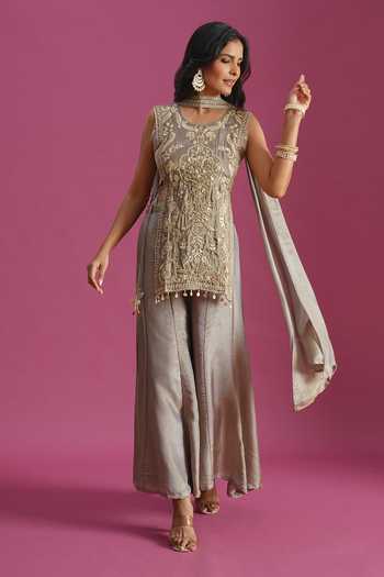 Buy_Samyukta Singhania_Grey Tissue Round Neck, Yes Embroidered Kurta Palazzo Set _Online_at_Aza_Fashions