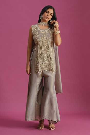 Shop_Samyukta Singhania_Grey Tissue Round Neck, Yes Embroidered Kurta Palazzo Set _Online_at_Aza_Fashions