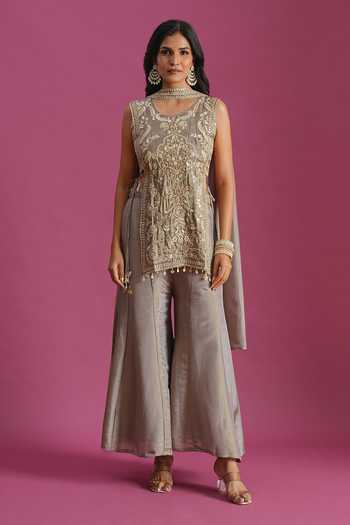 Samyukta Singhania_Grey Tissue Round Neck, Yes Embroidered Kurta Palazzo Set _at_Aza_Fashions