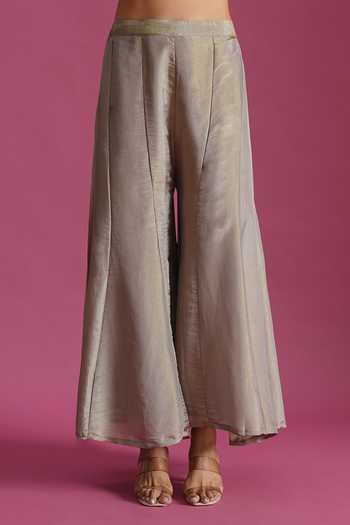Buy_Samyukta Singhania_Grey Tissue Round Neck, Yes Embroidered Kurta Palazzo Set 