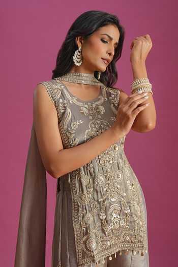 Shop_Samyukta Singhania_Grey Tissue Round Neck, Yes Embroidered Kurta Palazzo Set 
