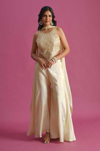 Buy Samyukta Singhania Cream Tissue Round Neck Hand Embroidered Top Palazzo Set Online at Aza Fashions Buy_Samyukta Singhania_Cream Tissue Round Neck Hand Embroidered Top Palazzo Set _Online_at_Aza_Fashions