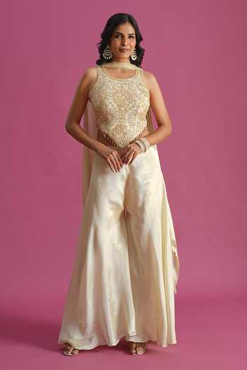 Shop Samyukta Singhania Cream Tissue Round Neck Hand Embroidered Top Palazzo Set Online at Aza Fashions Shop_Samyukta Singhania_Cream Tissue Round Neck Hand Embroidered Top Palazzo Set _Online_at_Aza_Fashions