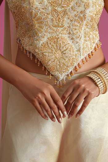 Shop Samyukta Singhania Cream Tissue Round Neck Hand Embroidered Top Palazzo Set Shop_Samyukta Singhania_Cream Tissue Round Neck Hand Embroidered Top Palazzo Set