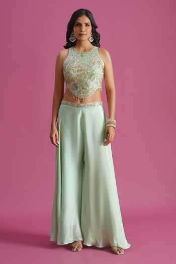 Buy Samyukta Singhania Green Tissue Halter Neck Hand Embroidered Top Palazzo Set Online at Aza Fashions Buy_Samyukta Singhania_Green Tissue Halter Neck Hand Embroidered Top Palazzo Set _Online_at_Aza_Fashions