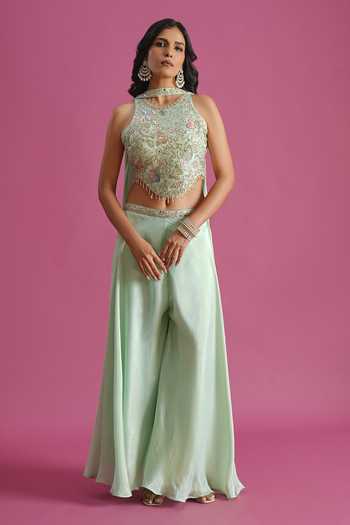 Shop Samyukta Singhania Green Tissue Halter Neck Hand Embroidered Top Palazzo Set Online at Aza Fashions Shop_Samyukta Singhania_Green Tissue Halter Neck Hand Embroidered Top Palazzo Set _Online_at_Aza_Fashions