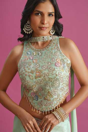 Shop Samyukta Singhania Green Tissue Halter Neck Hand Embroidered Top Palazzo Set Shop_Samyukta Singhania_Green Tissue Halter Neck Hand Embroidered Top Palazzo Set