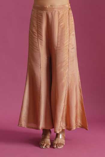 Buy_Samyukta Singhania_Peach Tissue Square Neck, Yes Embroidered Kurta Set _Online_at_Aza_Fashions