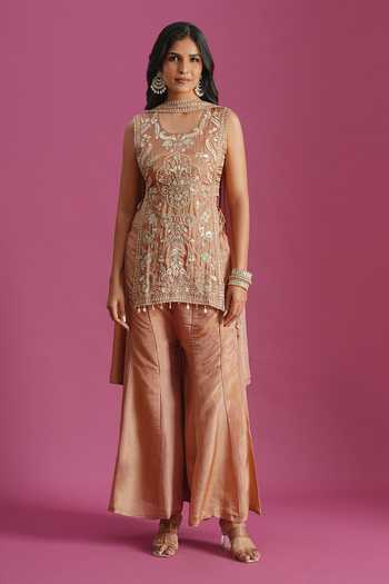 Shop_Samyukta Singhania_Peach Tissue Square Neck, Yes Embroidered Kurta Set _Online_at_Aza_Fashions