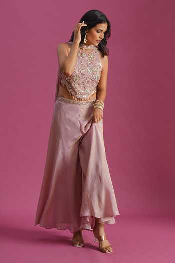 Buy Samyukta Singhania Pink Tissue Embroidery Halter Neck Hand Top Palazzo Set Online at Aza Fashions Buy_Samyukta Singhania_Pink Tissue Embroidery Halter Neck Hand Top Palazzo Set _Online_at_Aza_Fashions