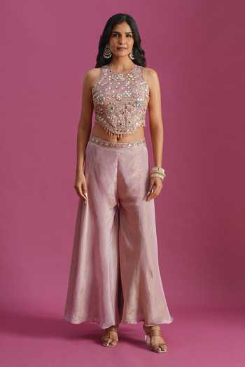 Shop Samyukta Singhania Pink Tissue Embroidery Halter Neck Hand Top Palazzo Set Online at Aza Fashions Shop_Samyukta Singhania_Pink Tissue Embroidery Halter Neck Hand Top Palazzo Set _Online_at_Aza_Fashions