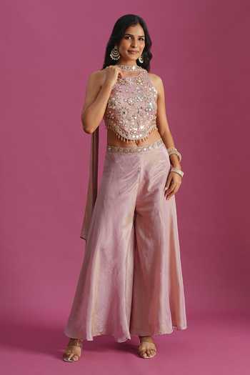 Samyukta Singhania Pink Tissue Embroidery Halter Neck Hand Top Palazzo Set at Aza Fashions Samyukta Singhania_Pink Tissue Embroidery Halter Neck Hand Top Palazzo Set _at_Aza_Fashions