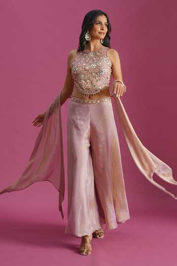 Buy Samyukta Singhania Pink Tissue Embroidery Halter Neck Hand Top Palazzo Set Buy_Samyukta Singhania_Pink Tissue Embroidery Halter Neck Hand Top Palazzo Set