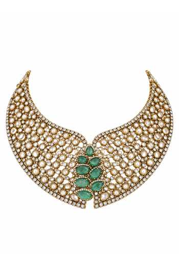 Shop_Vivinia By Vidhi Mehra_Gold Plated Moissanite Polki Statement Necklace Set _Online_at_Aza_Fashions