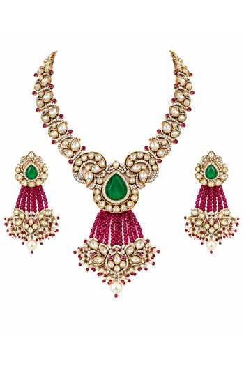 Vivinia By Vidhi Mehra Emerald Moissanite Polki Necklace Set 