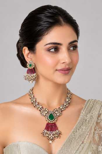 Vivinia By Vidhi Mehra Emerald Moissanite Polki Necklace Set 