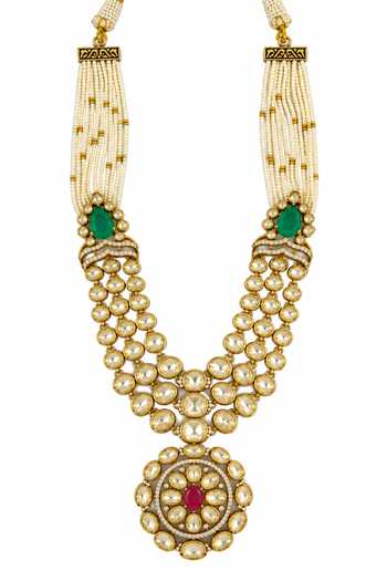 Buy_Vivinia By Vidhi Mehra_Multi Color Moissanite Polki Pearl Necklace Set _Online_at_Aza_Fashions