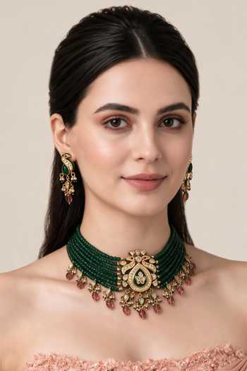 Vivinia By Vidhi Mehra Kundan Peacock Beaded Choker Set 