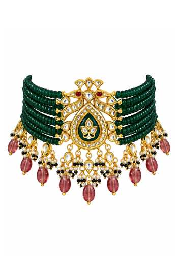 Buy Vivinia By Vidhi Mehra Emerald Green Kundan Peacock Beaded Choker Set Online at Aza Fashions Buy_Vivinia By Vidhi Mehra_Emerald Green Kundan Peacock Beaded Choker Set _Online_at_Aza_Fashions