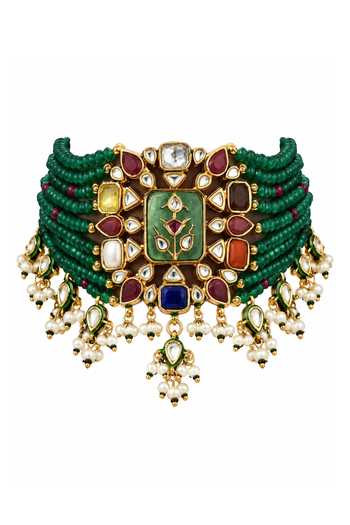 Buy Vivinia By Vidhi Mehra Emerald Green Kundan Multistone Beaded Choker Set Online at Aza Fashions Buy_Vivinia By Vidhi Mehra_Emerald Green Kundan Multistone Beaded Choker Set _Online_at_Aza_Fashions