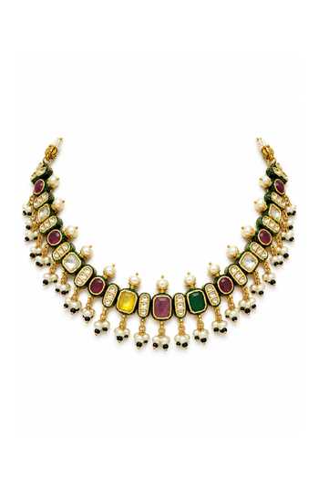 Buy_Vivinia By Vidhi Mehra_Multi Color Navratna Kundan Pearl Necklace Set _Online_at_Aza_Fashions