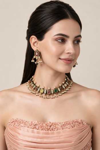 Vivinia By Vidhi Mehra Navratna Kundan Pearl Necklace Set 