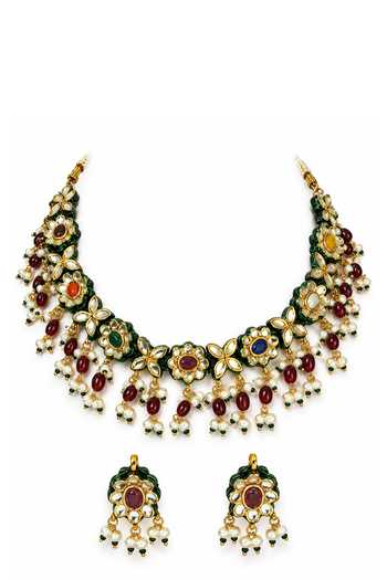 Vivinia By Vidhi Mehra Navratna Kundan Floral Necklace & Earrings Set 