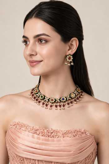 Vivinia By Vidhi Mehra Navratna Kundan Floral Necklace & Earrings Set 