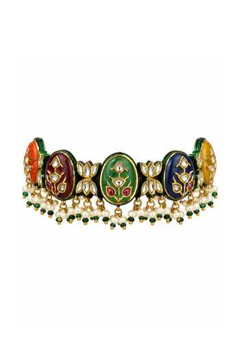 Vivinia By Vidhi Mehra_Multi Color Navratna Kundan Choker Earring Set _Online_at_Aza_Fashions