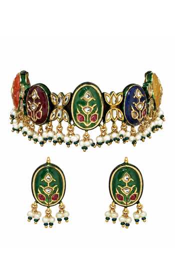 Vivinia By Vidhi Mehra Navratna Kundan Choker Earring Set 