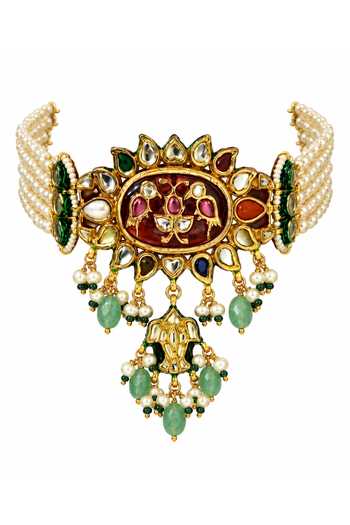 Buy_Vivinia By Vidhi Mehra_Multi Color Navratna Kundan Pearl Choker Set _Online_at_Aza_Fashions