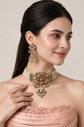 Vivinia By Vidhi Mehra Navratna Kundan Pearl Choker Set 