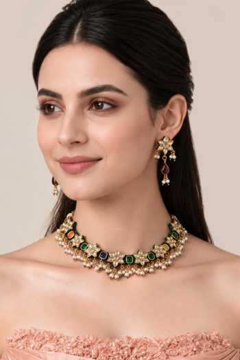 Vivinia By Vidhi Mehra Navratna Kundan Floral Necklace & Earrings Set 