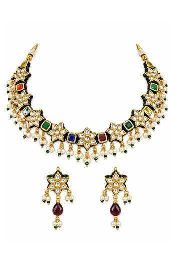 Vivinia By Vidhi Mehra Navratna Kundan Floral Necklace & Earrings Set 