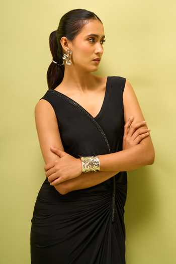 Buy_Amit Aggarwal_Black V-neck Gathered Draped Dress _Online_at_Aza_Fashions