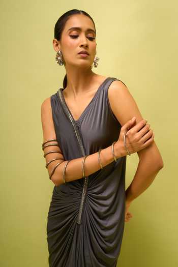 Amit Aggarwal_Grey Asymmetric Neck, One Shoulder Gathered Draped Dress _Online_at_Aza_Fashions