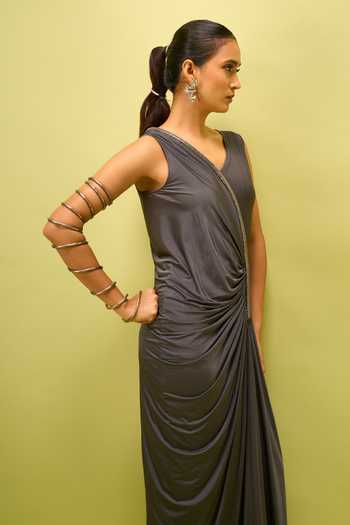 Buy_Amit Aggarwal_Grey Asymmetric Neck, One Shoulder Gathered Draped Dress _Online_at_Aza_Fashions