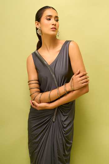 Shop_Amit Aggarwal_Grey Asymmetric Neck, One Shoulder Gathered Draped Dress _Online_at_Aza_Fashions
