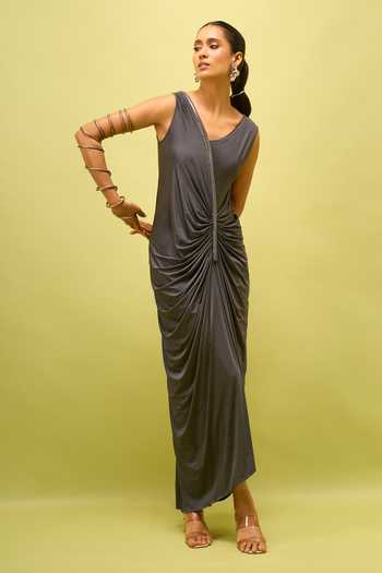 Amit Aggarwal_Grey Asymmetric Neck, One Shoulder Gathered Draped Dress _at_Aza_Fashions