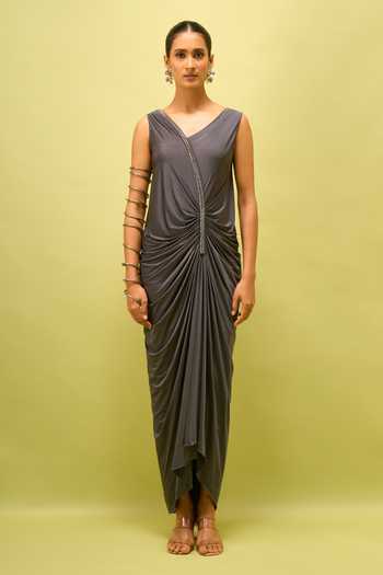 Buy_Amit Aggarwal_Grey Asymmetric Neck, One Shoulder Gathered Draped Dress 