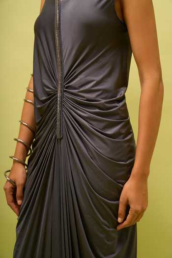 Shop_Amit Aggarwal_Grey Asymmetric Neck, One Shoulder Gathered Draped Dress 