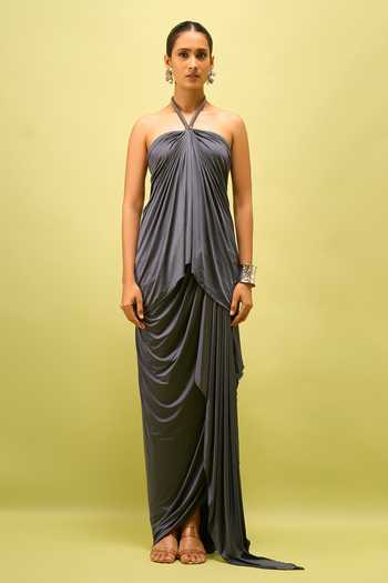 Shop Amit Aggarwal Grey Halter Neck Top And Draped Skirt Set Online at Aza Fashions Shop_Amit Aggarwal_Grey Halter Neck Top And Draped Skirt Set _Online_at_Aza_Fashions