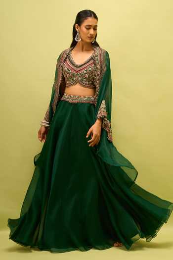 Shop Prisho Green Open Neck, Embroidered Cape And Skirt Set Online at Aza Fashions Shop_Prisho_Green Open Neck, Embroidered Cape And Skirt Set _Online_at_Aza_Fashions