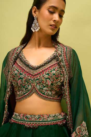 Prisho Green Open Neck, Embroidered Cape And Skirt Set at Aza Fashions Prisho_Green Open Neck, Embroidered Cape And Skirt Set _at_Aza_Fashions